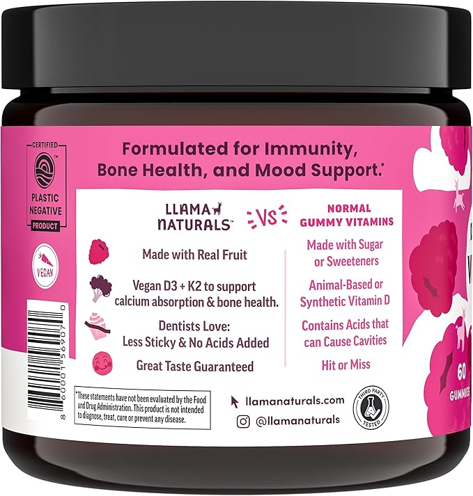 Llama Naturals Vitamin D3 K2 Gummies for Adults and Kids Vegan Organic Vitamin D Gummies Real Fruit Gummy Vitamins No Added Sugar Cane Raspberry 120 Ct
