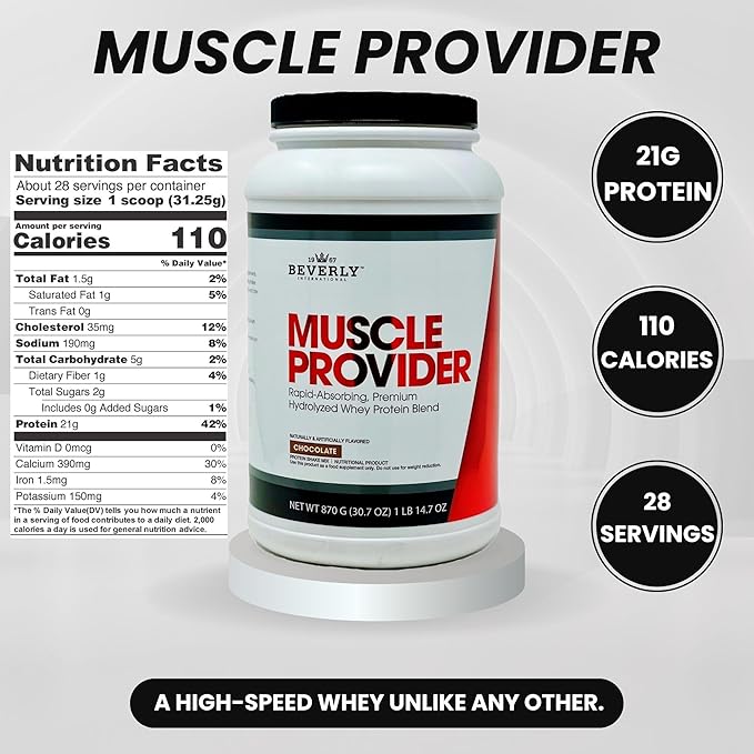 Beverly International Muscle Provider 28 Servings Chocolate. Super-Fast-Absorbing Whey Protein Powder for Recovery Lean Muscle. Fills Your Muscles not Your Stomach. Tastes Like ice Cream