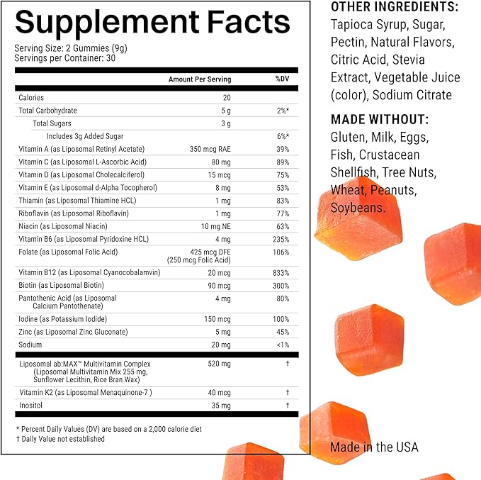 Liposomal Multivitamin Gummies for Men &amp Women Orange Passion Fruit Flavor – 520 mg Liposomal Multi Complex with 14 Vitamins &amp Minerals Immune Support &amp Antioxidant Defense – 30 Servings