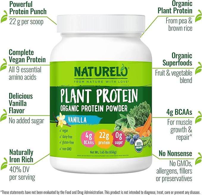 NATURELO Plant Protein Powder Vanilla 22g Protein - Non-GMO Vegan No Gluten Dairy or Soy - No Artificial Flavors Synthetic Coloring Preservatives or Additives - 20 Servings