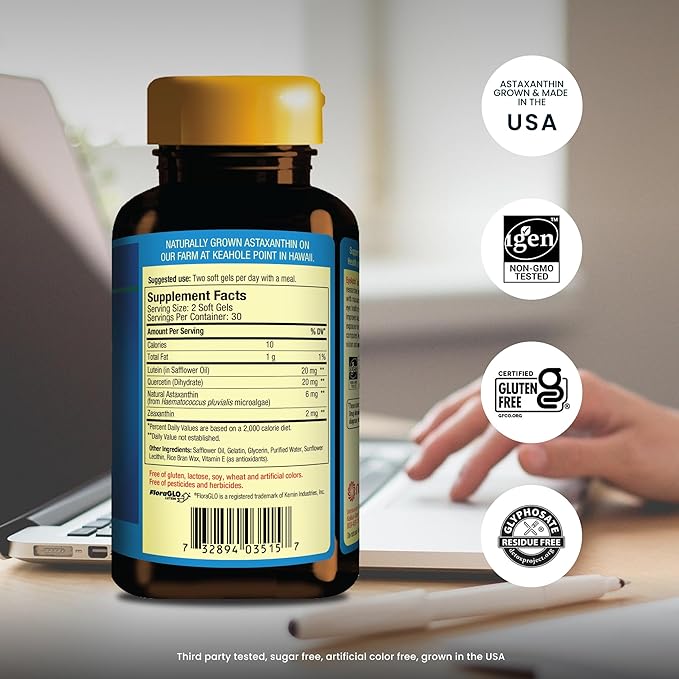 EyeAstin BioAstin Hawaiian Astaxanthin with Lutein &amp Zeaxanthin Supports Eye Health Naturally 60 Count