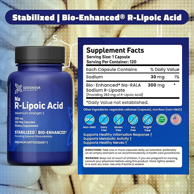 Geronova Research Bio-Enhanced R-Lipoic Acid 300 mg Capsules - 4 Month Supply - Stabilized R Alpha Lipoic Acid with Enhanced Absorption - R Lipoic Acid Supplement - 120 Count