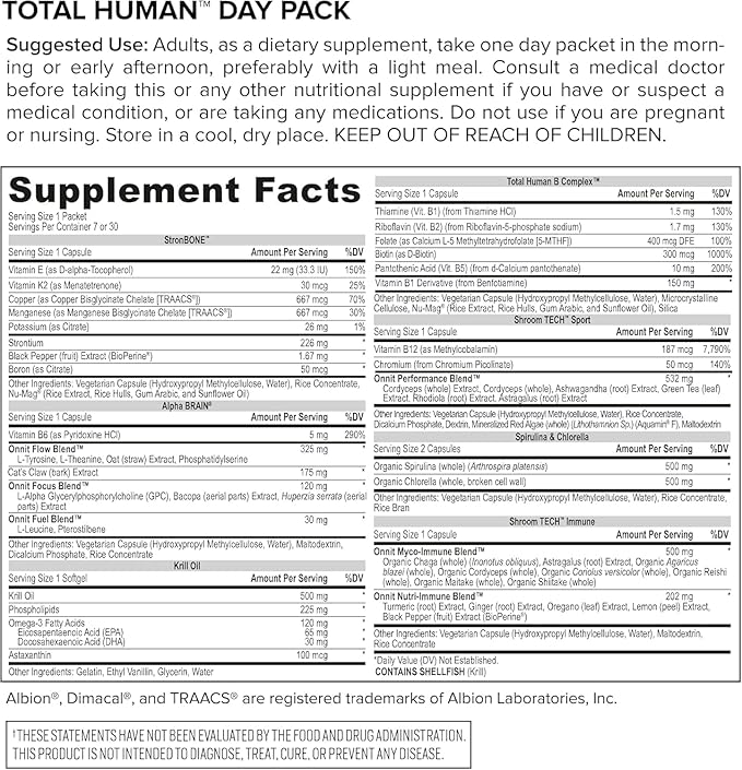 ONNIT Total Human Adult Multivitamin Dietary Supplement Comprehensive Capsule Packs with Day and Night Support Daily Vitamin Packs for Men and Women Dietary Supplement Capsules 30-Day Supply