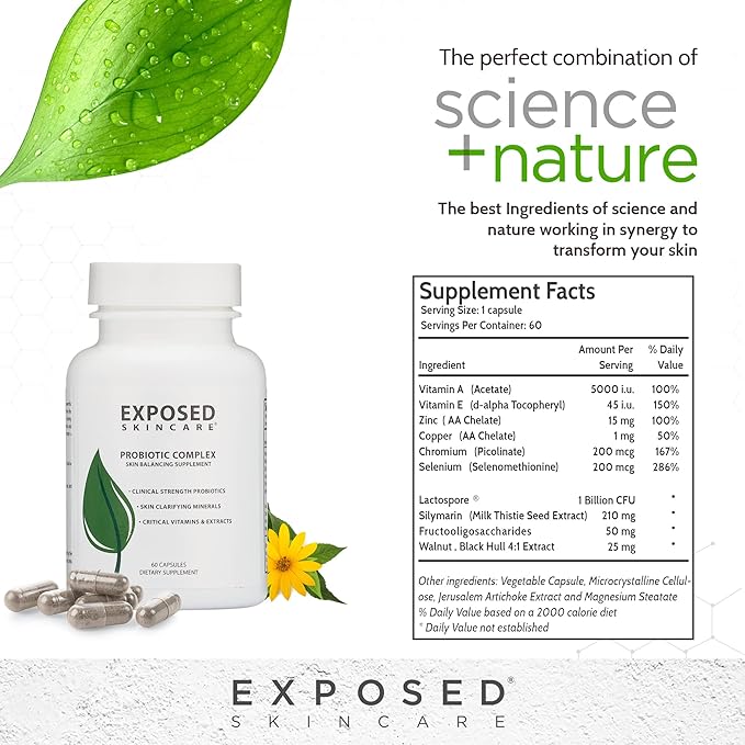Exposed Skin Care Probiotic Supplement Complex with 1 Billion CFU – Daily Probiotic for Skin Gut and Immune Health Support – Digestive Wellness Formula for Men and Women – Non-GMO 60 Capsules