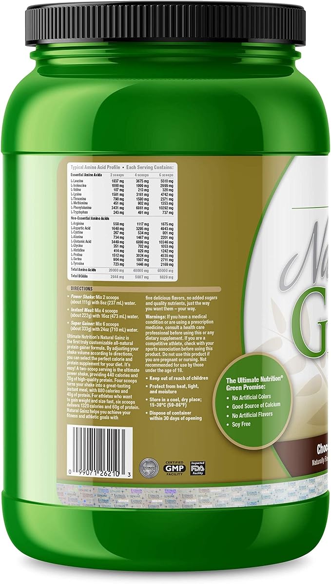 Ultimate Nutrition Natural Gainz Whey Protein Powder - Natural Gainer Protein with Micellar Casein and Milk Protein Chocolate 3.6 Pounds