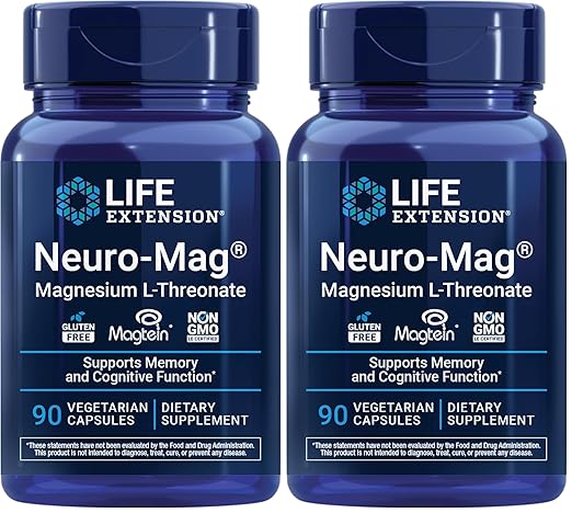 Life Extension Neuro-mag Magnesium L-threonate Magnesium L-threonate Brain Health Memory &amp Attention Gluten Free Vegetarian Non-GMO 90 Vegetarian Capsules (Pack of 2)
