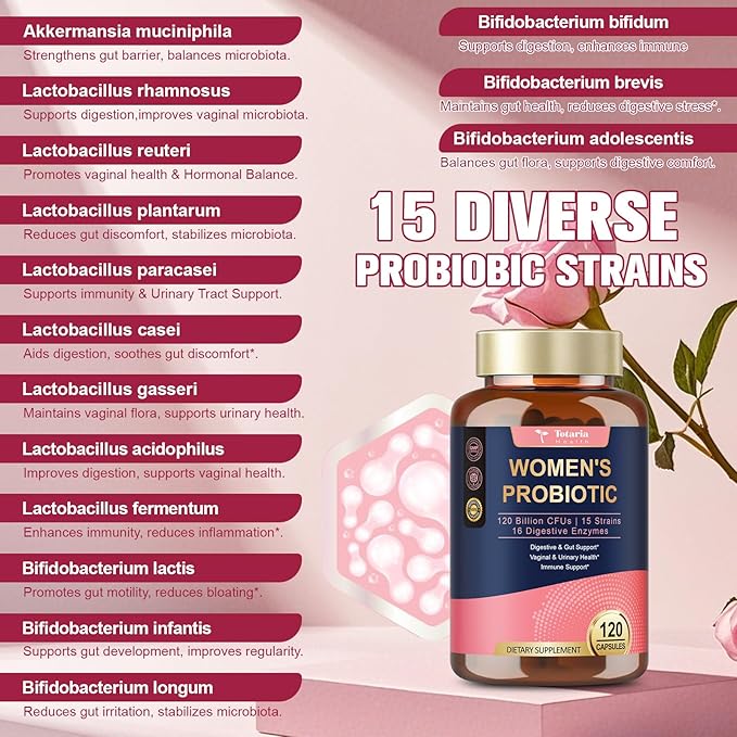 Totaria (2 Packs) Probiotics for Women 120 Billion Women Probiotic Digestive Enzymes &amp Prebiotics with Akkermansia Cranberry D-Mannose for Gut Urinary Immune PH Balance 240 Vegan Capules