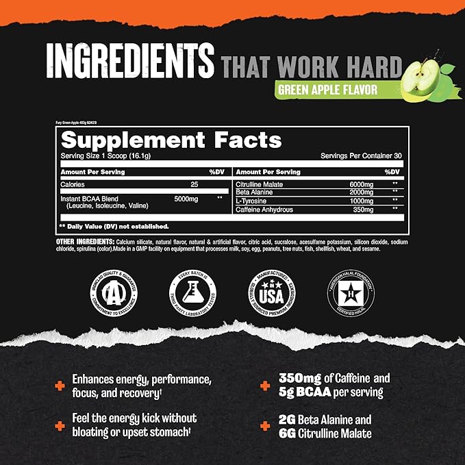 Animal Fury Pre Workout Powder - Green Apple 350mg Caffeine BCAA Amino Acids 2g Beta Alanine Citrulline &amp Tyrosine Energy Focus Strength Endurance Preworkout for Men &amp Women 30 Servi