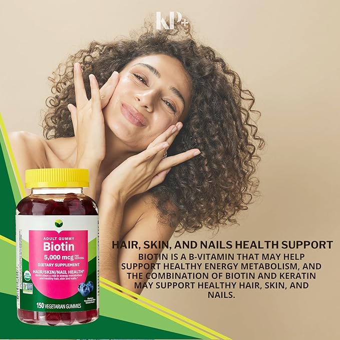 KP+ Biotin | Biotin 5000 mcg Gummies | Supports Hair Skin &amp Nail Health | 150 Vegetarian Gummies | Blueberry Flavor | Pack of 1