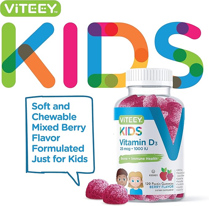 Viteey Vitamin D3 Kids Gummies 25mcg 1000 IU - Bone Health Immune Health Joint Muscle Support - Vegetarian Gelatin Free Gluten Free GMO Free - Tasty Chewable Berry Flavored