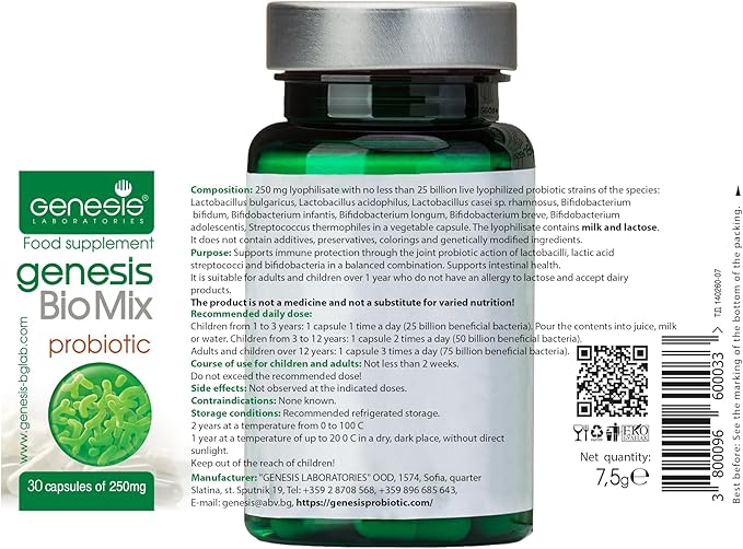 Genesis Biomix Probiotic with Lactobacillus and Bifidobacterium Strains May Support Gut Helth Digestion Immune System 240 Mg per Capsule 30 caps