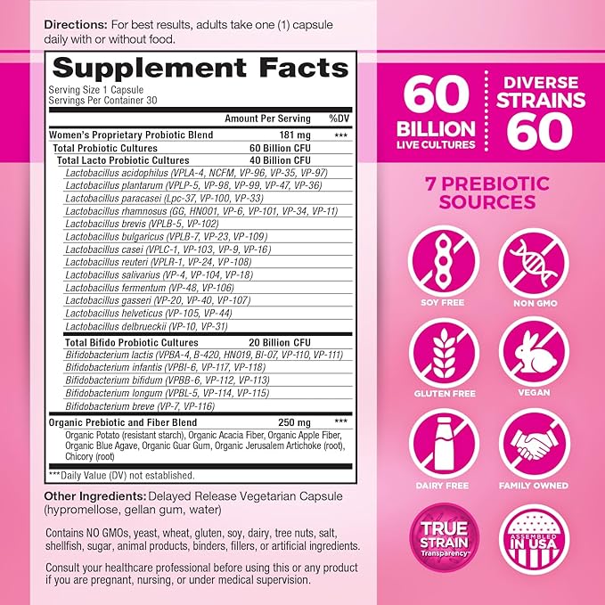 Vital Planet - Vital Flora Women’s Daily Probiotic 60 Billion CFU 60 Diverse Strains 7 Organic Prebiotics Vaginal and Immune Support Bloating Digestive Health Probiotics for Women 30 Capsules
