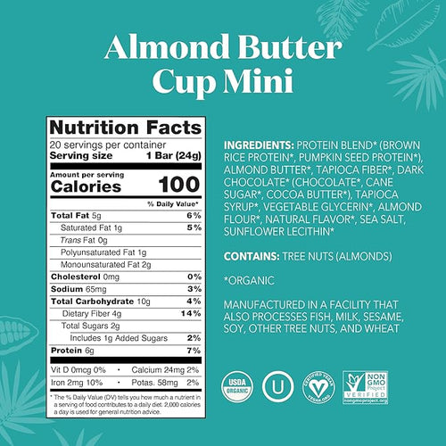 ALOHA Organic Plant Based Protein Bar MINIS | Almond Butter Cup | GLP-1 Friendly 20 Count 24g Bars | Vegan Low Sugar Gluten Free Low Carb Non-GMO No Stevia No Soy No Sugar Alcohols
