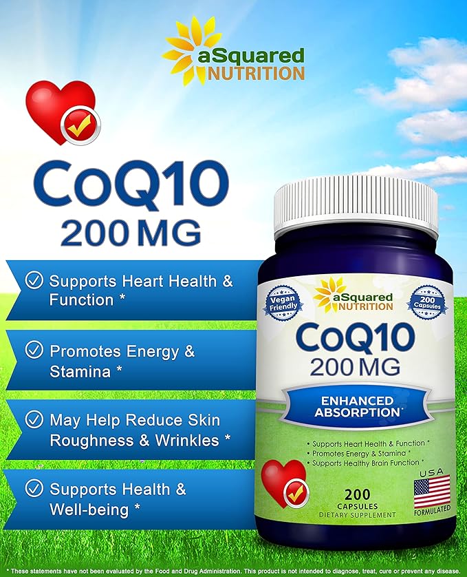 aSquared Nutrition CoQ10 (200 Capsules and 200mg) - High Absorption Vegan CO Q-10 Powder - Enzyme Ubiquinone Supplement Pills Extra Antioxidant Coenzyme Q10 Vitamin Coq 10 Alernative to Softgels