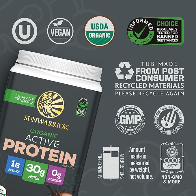 Sunwarrior Organic Plant Based Protein Powder | Vegan Organic Protein Powder with BCAA Amino Acids Plus Recovery Minerals &amp Botanicals | Non-GMO Soy Dairy &amp Gluten Free (Chocolate 20 Servings