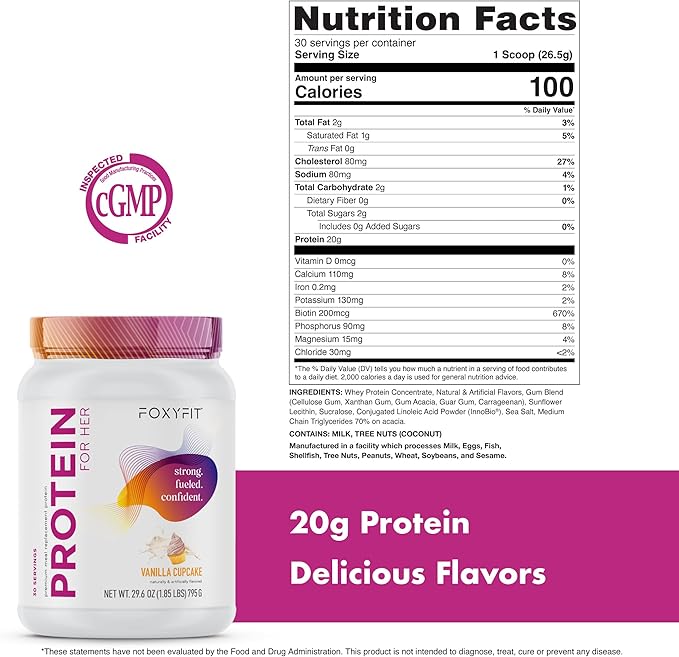 FoxyFit Protein for Her Vanilla Cupcake Whey Protein Powder with CLA and Biotin for a Healthy Glow (1.85 lbs)