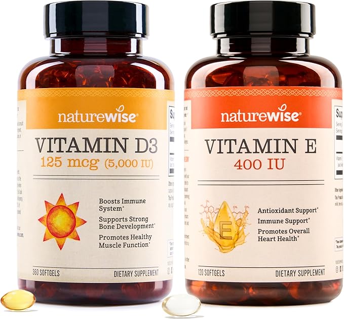 NatureWise Vitamin D3 5000IU (125mg) 360 Count + Vitamin E 400 IU (180mg DL-Alpha) 120 Count - Bundle for Immune Bone Heart Health Support - Gluten Free Non-GMO Halal Gelatin