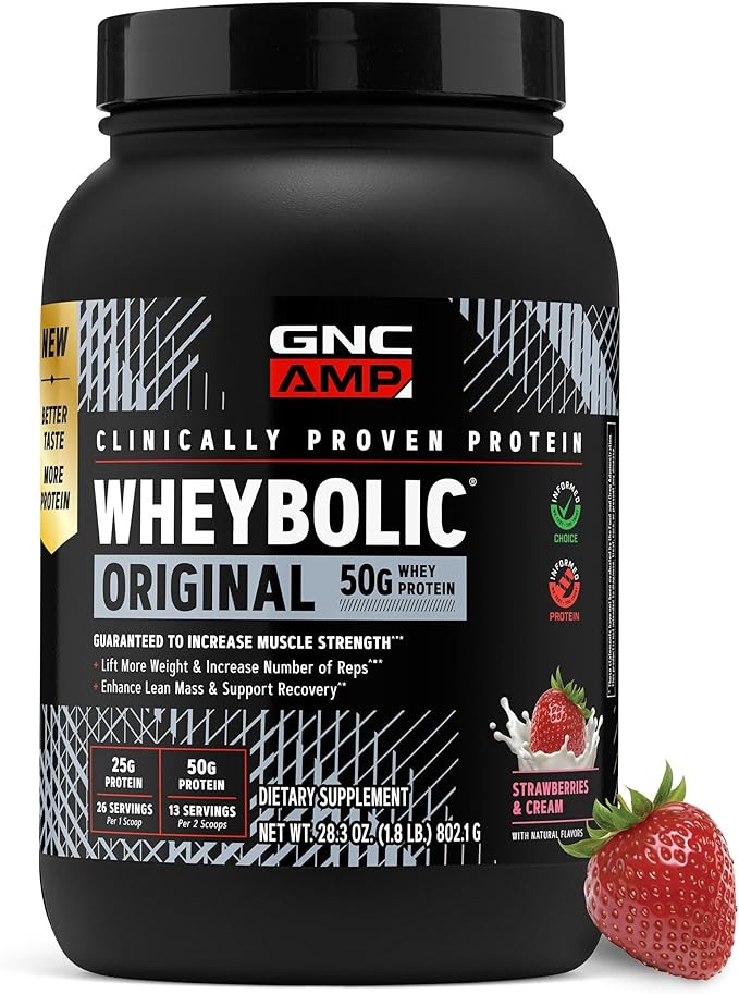 GNC AMP Wheybolic Clinically Proven Protein Powder 50g Whey Protein BCAA Leucine Increases Muscle Strength Muscle Building 3rd Party Tested Gluten Free Strawberries &amp Cream 13 Servings