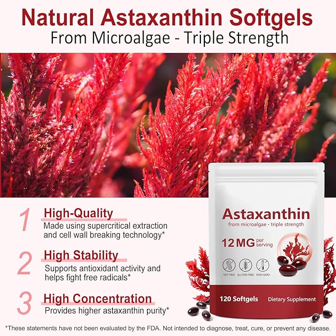 Astaxanthin 12mg 120 Softgels (2Pack)Premium Astaxanthin Antioxidant Supplements with Antioxidant Activity Supports Eye Skin Joint &amp Immune System Health Fresh Microalgae Source Non-GMO