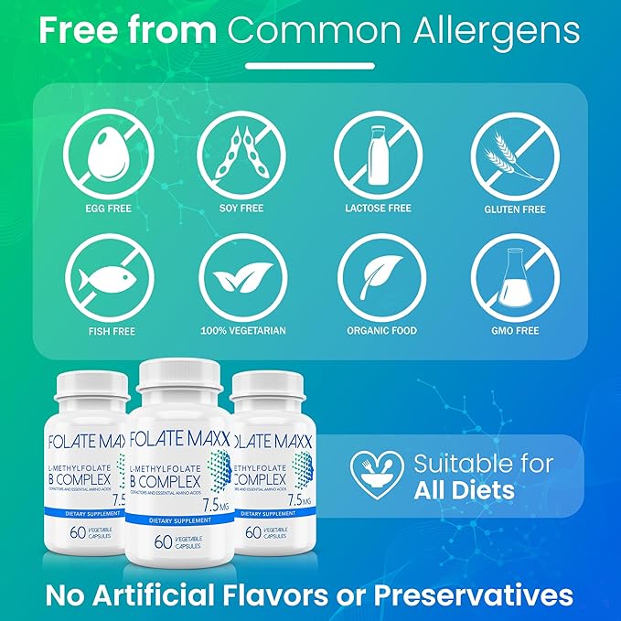 L Methylfolate 7.5mg with Active Vitamin B Complex – 60 Capsules – High Potency 5-MTHF with B6 Blend and Methyl B12 Supplement – 3-in-1 Non-GMO Gluten Free (2-Month Supply)