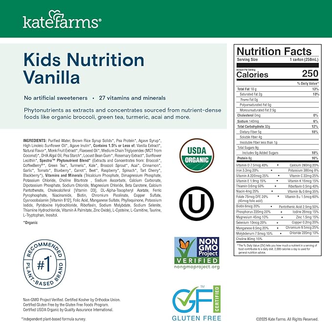 KATE FARMS Organic Kids Nutrition Vanilla Shake 8g Protein 27 Vitamins and Minerals Meal Replacement Gluten Free Non-GMO 8.45 oz (6 Pack)