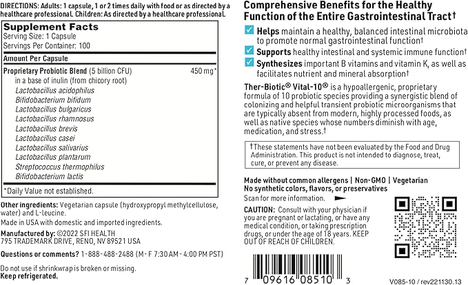 SFI Health Klaire Labs Ther-Biotic Vital 10 - Multistrain Probiotic with Lactobacillus Bifidobacterium &amp More - Support Gut Health A Balanced Microbiome &amp Immune Function (100 Capsules)