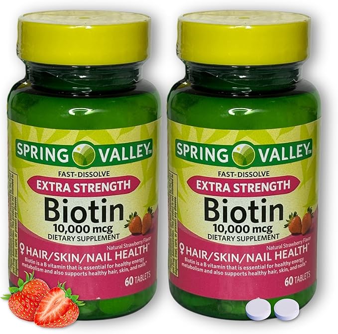 Biotin 10000mcg Fast Dissolve- Natural Strawberry Flavor Hair Skin and Nails 60 Tablets (Pack of 2) Boxed By Fusion Shop Store