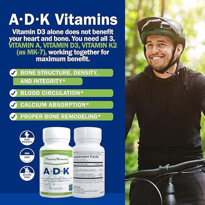 Power By Naturals ADK Vitamin Supplement – High Potency Blend of Vitamin A D3 5000 IU &amp K2 MK7 for Bone Health – Vitamin A D K Supplement – 60 Capsules (2 Month Supply)