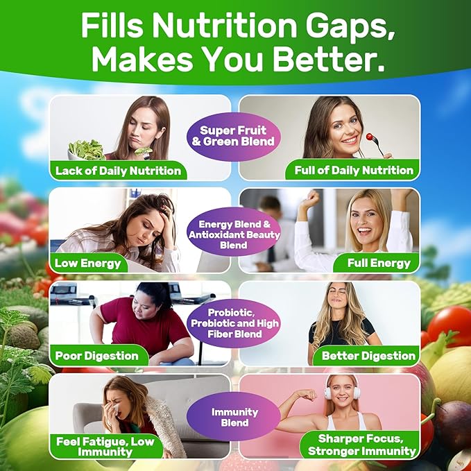 Super Greens Multivitamin Gummies Daily Greens Superfood Gummies w/Spirulina Chlorella Multivitamins Prebiotic Fiber Adaptogens Support Digestive &amp Gut Health Immunity Focus &amp Energy