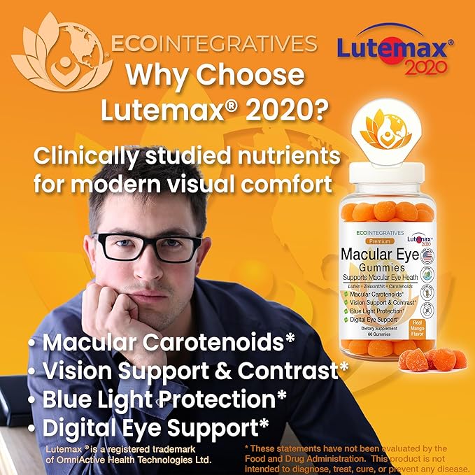 Premium Macular Eye Gummies with Lutemax 2020 – Lutein &amp Zeaxanthin Carotenoids for Eye Health Blue Light &amp Vision Support Real Mango Flavor Easy Flip-Top Lid 60 Gummies