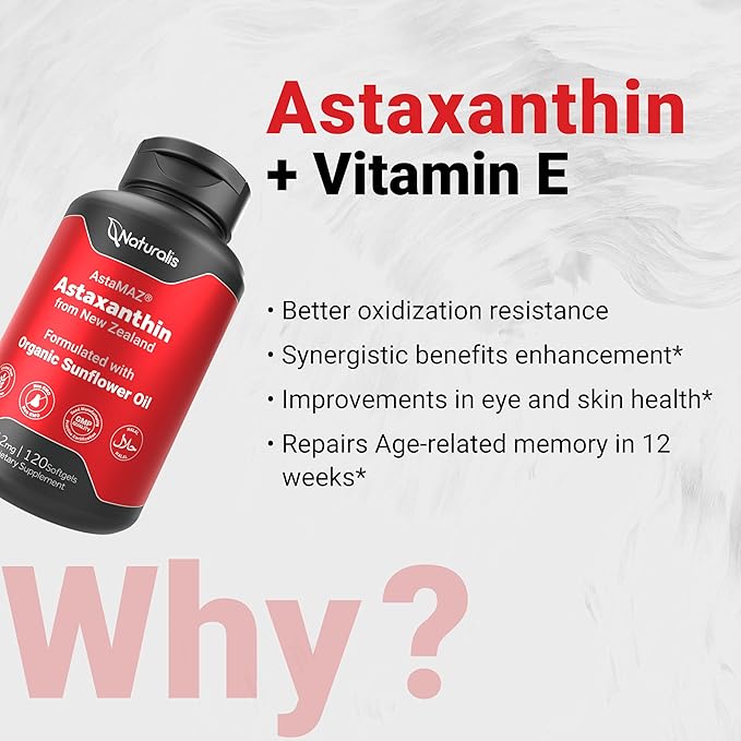 Naturalis New Zealand Astaxanthin (12mg) | Enhanced with Natural Vitamin E | Non-GMO Soy &amp Gluten Free | 120 Softgels (4 Month Supply)