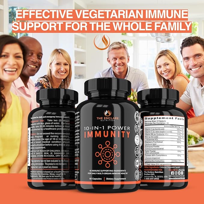 THE ENCLARE NUTRITION 10 in 1 Immune Support Booster Supplement with Echinacea Vitamin C and Zinc Turmeric Ginger B6 Elderberry for Adults Immunity Defense Vitamins Made in USA Veg Cap 60 Ct (1)