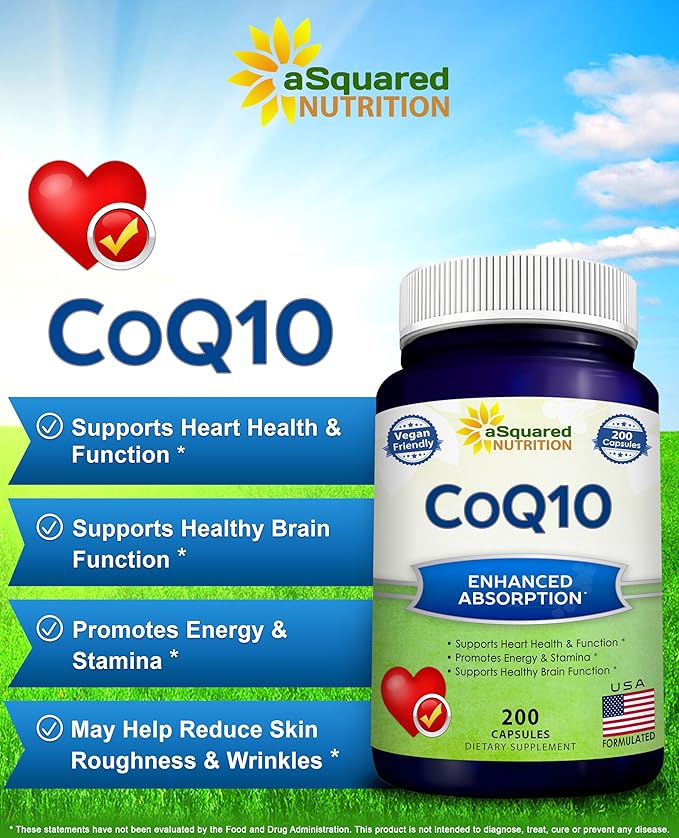 aSquared Nutrition CoQ10 (400mg Max Strength 200 Capsules) - High Absorption Vegan Coenzyme Q10 Powder - Ubiquinone Supplement Pills Extra Antioxidant CO Q-10 Enzyme Vitamin Tablets Coq 10 400 mg