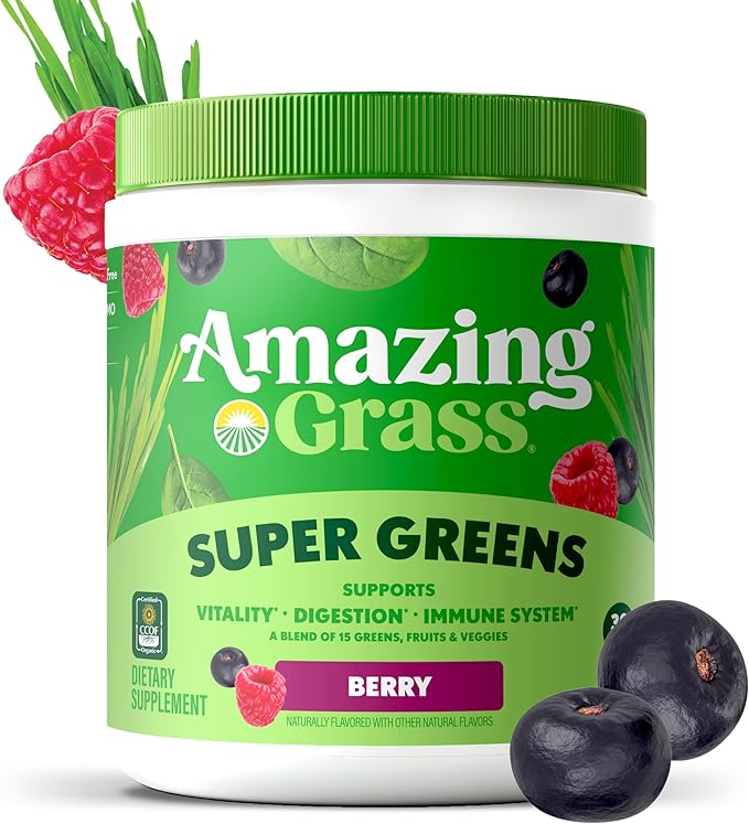 Amazing Grass Greens Superfood Powder: Greens Powder with Digestive Enzymes &amp ProbioticsOrganic SpirulinaChlorellaand Beet Root PowderBerry30 Servings (Packaging May Vary)(Pack of 2)