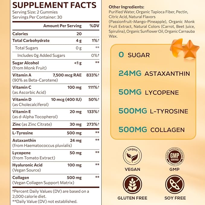 Tanning Gummies with Astaxanthin for Women and Men | Sunless Tanning Supplement with Beta Carotene Lycopene Collagen &amp Vitamins | Skin Radiance &amp Hydration | Vegan &amp Sugar Free - 60 Coun