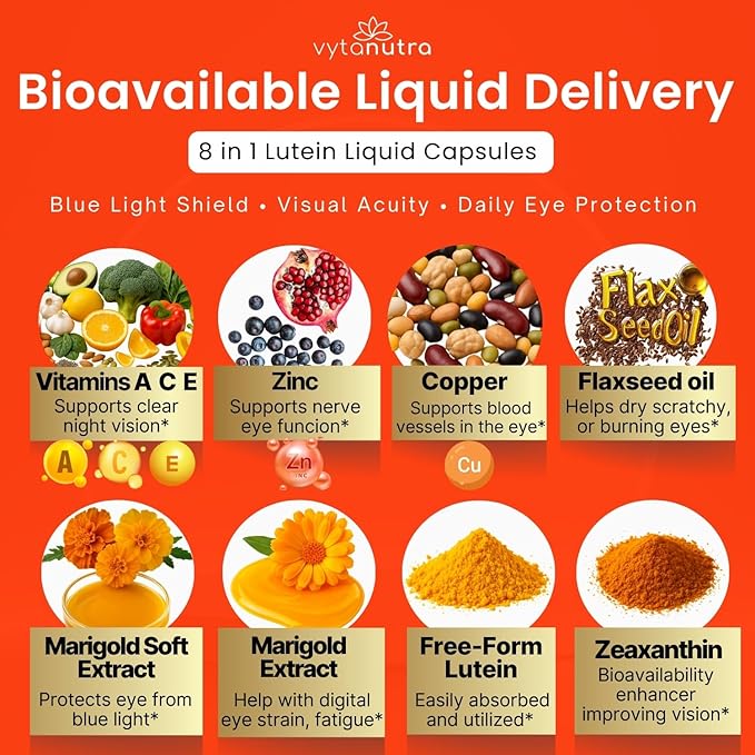 Liquid Lutein &amp Zeaxanthin – Fast-Absorbing Eye Support for Blue Light &amp Visual Health with Zinc Vitamin A &amp Antioxidants – 60 Veggie Liquid Capsules