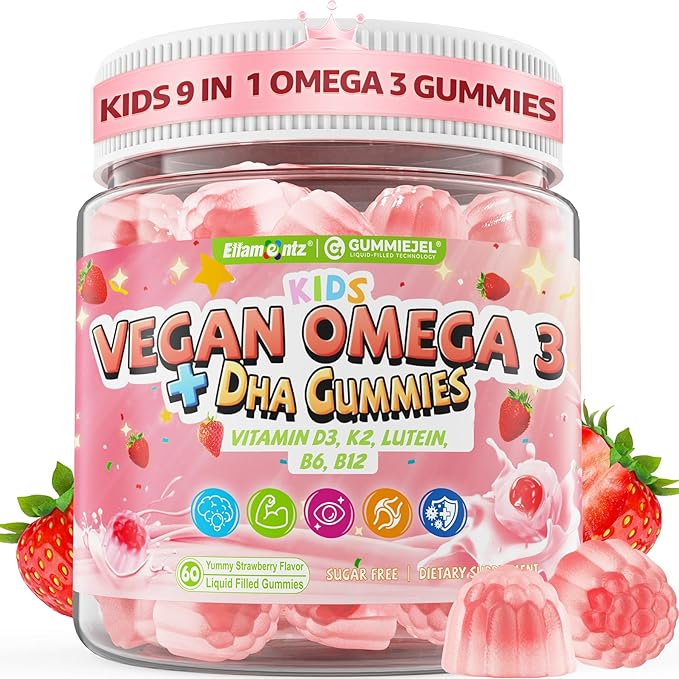 Kids Omega 3 Gummies for 4+ with DHA Vitamins D3 K2 C B6 Methyl B12 Luetin &amp PS No Fish Taste Sugar Free Omega 3 Fish Oil Alternative for Children for Brain Bone Eyes Focus Immunity 60Cts