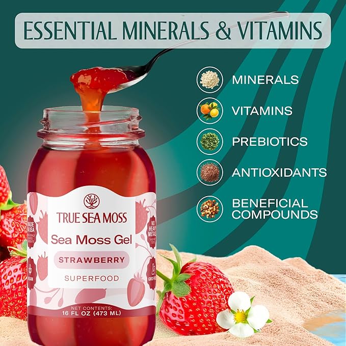 TrueSeaMoss Sea Moss Gel – Made in USA – Wildcrafted Seamoss Fruits &amp Jarred Vegetables – Strawberry Pack of 1 (Labels may Vary)