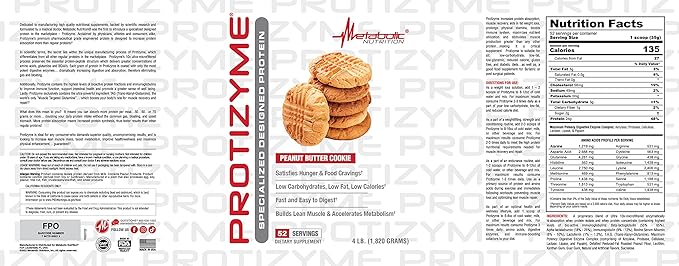 Metabolic Nutrition Protizyme 100% Whey Protein Powder High Protein Low Carb Low Fat Whey Protein Digestive Enzymes 24 Essential Vitamins and Minerals 4 Pound (52 ser)