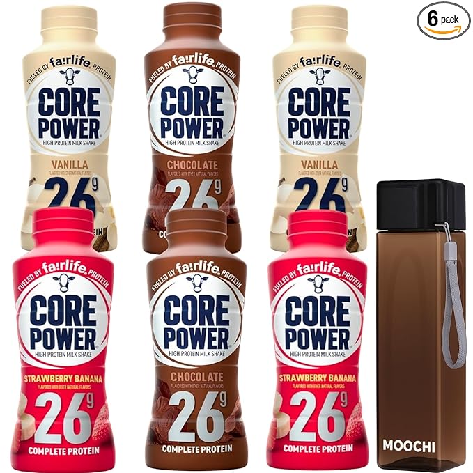 Power Protein Shake Variety Pack (6 pack) + Free Reusable Water Bottle | 26g Protein Ready-to-Drink Shakes | Vanilla Chocolate &amp Strawberry Banana Flavors | Custom bundled by MOOCHI