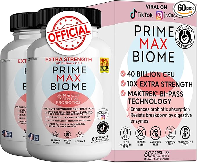 Probiotics 40 Billion CFU – Extra Strength Skin &amp Gut Support with MAKTrek® Bi-Pass Technology – 4 Strains + Prebiotics – Non-GMO Gluten-Free 60 Capsules (2)