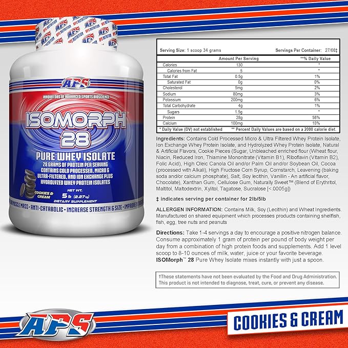 APS Nutrition Isomorph 28 Protein Powder | Pure Whey Isolate | Cold Pressed Ultra- Filtered &amp Ion Exchange Isolates | 28g Protein | 5 Pound (Cookies &amp Cream)