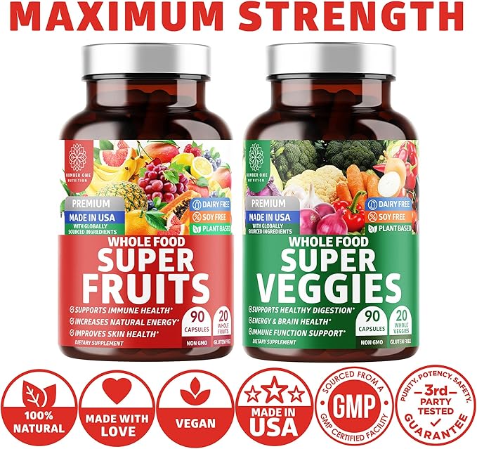 Number One Nutrition N1N Premium Super Fruits &amp Veggies Supplement [40 Whole Foods] and Vegan Multivitamin [86 Ingredients Plant-Based] 2 Pack Bundle