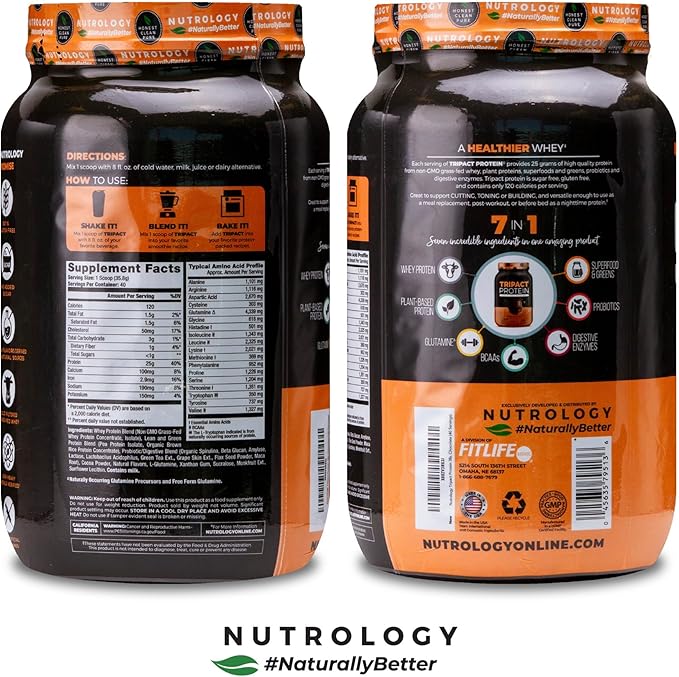 Nutrology TRIPACT Protein Powder - 7-in-1 Meal Replacement Shake with Grass Fed Whey Protein Powder Pea Rice &amp Greens - Boost Muscle Recovery &amp Immunity Creamy Chocolate Flavor 40 Serving