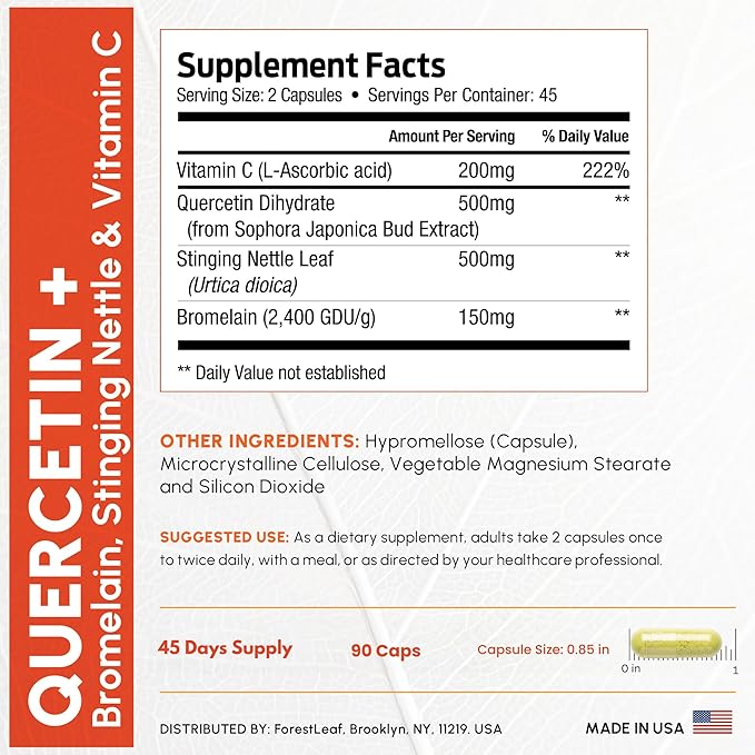 ForestLeaf Quercetin with Bromelain 1350mg - Blend with Vitamin C &amp Stinging Nettle Supplement Quercetin 500mg Capsules Non-GMO Gluten Free Natural Function 90 Veggie Caps