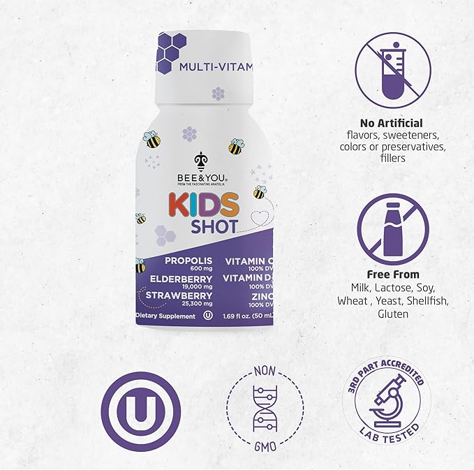 Bee and You Propolis Shot and Kids Shot Bundle Natural Propolis Shot Supplement Antioxidants Vitamin C VIT D3 Zinc Orange Juice Raw Honey 2 * 12 Bottles