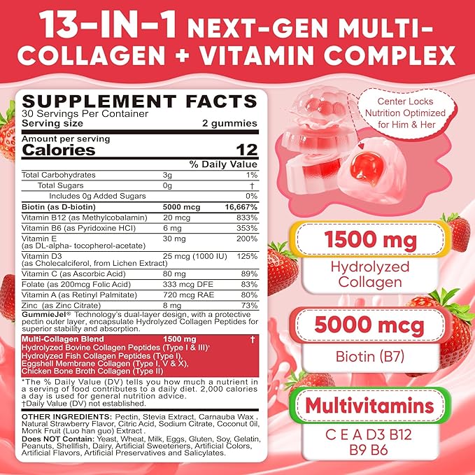 Collagen Peptide Gummies for Women &amp Men Sugar-Free Multi Collagen Hydrolyzed w/ 1500mg Protein Type IIIIIIVX 5000mcg Biotin Methylated B12 Vitamin C A E D3 B6 for Skin Hair Nails Bone 6