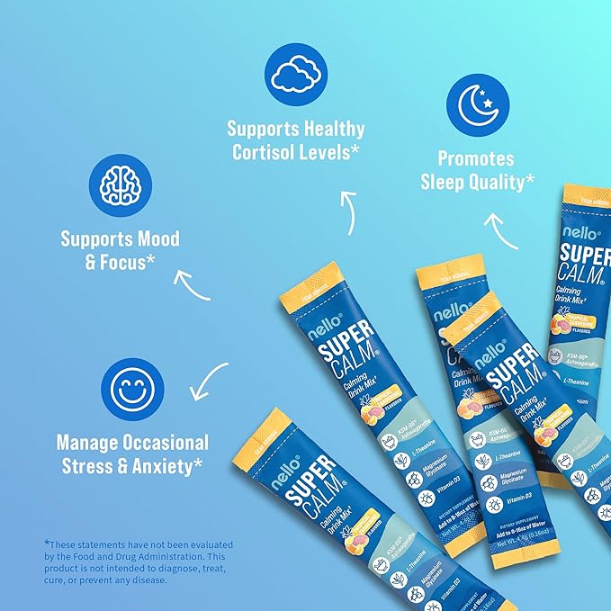 Nello Supercalm Powdered Drink Mix Cortisol Reducer* and Sleep Aid Supplement L Theanine Ksm-66 Ashwagandha Magnesium Glycinate Vitamin D 3 No Sugar Non GMO 20 Ct Tropical Tangerine