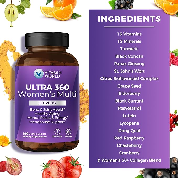 Vitamin World Ultra 360 Multivitamin for Women 50 Plus Women's 50+ Multivitamin with Minerals &amp Herbs for Menopause Support Supplement with Vitamin B D E &amp Zinc for Healthy Aging 180 Capl