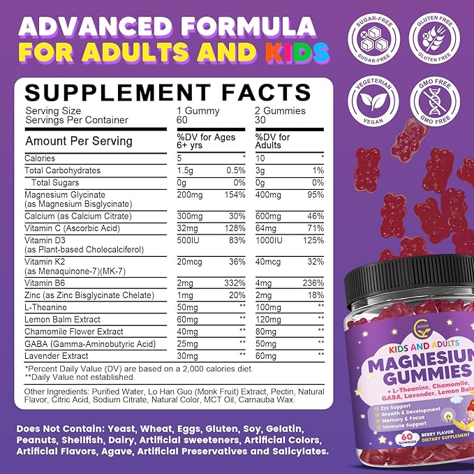 (2 Pack) Magnesium Glycinate Gummies for Kids &amp Adults Sugar Free Magnesium Glycinate 400/200mg Supplement with Chamomile Lavender L-Theanine &amp GABA B6 D3 &amp K2 for Relax Brain Immun